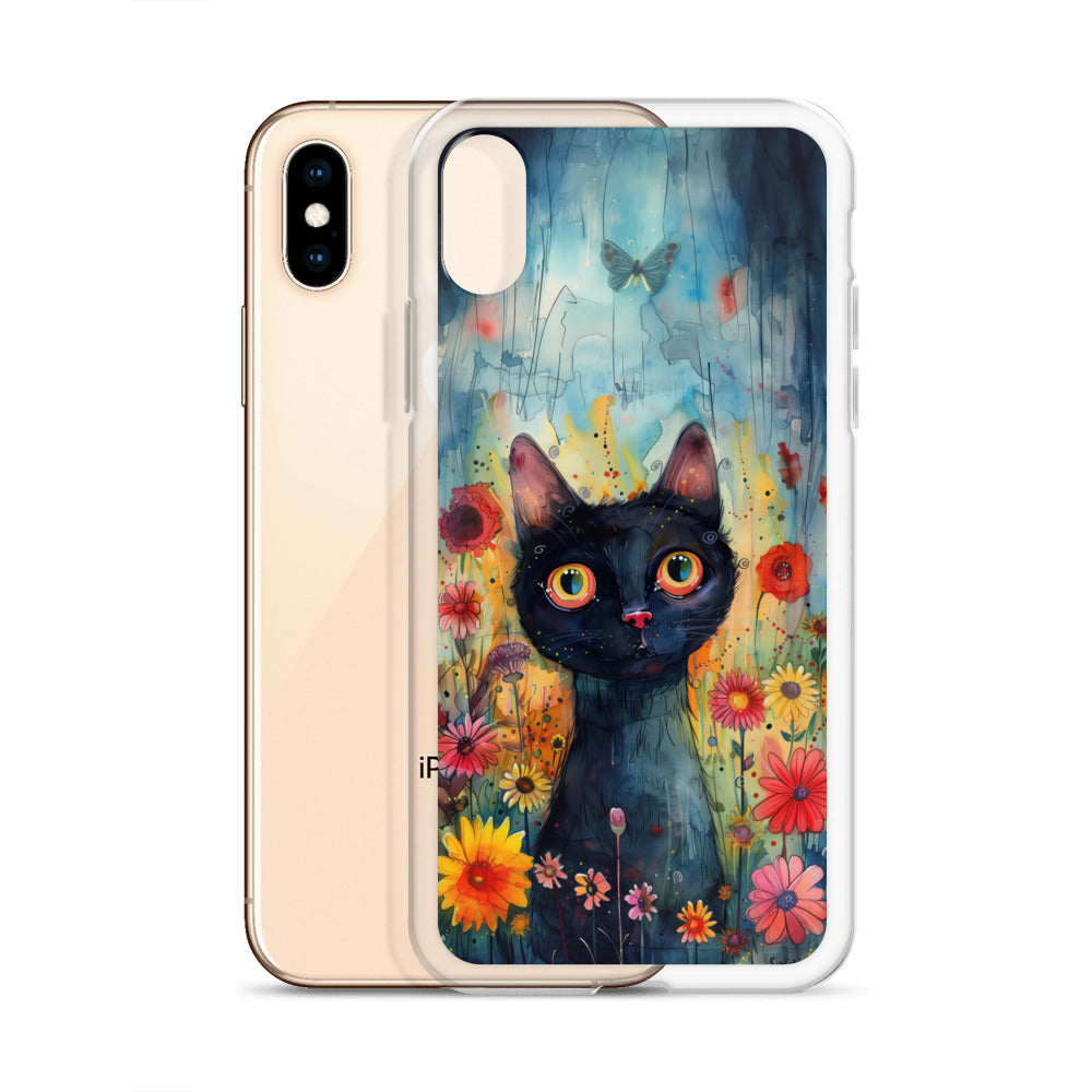 iPhone Case Watercolor Black Cat with Colorful Flowers