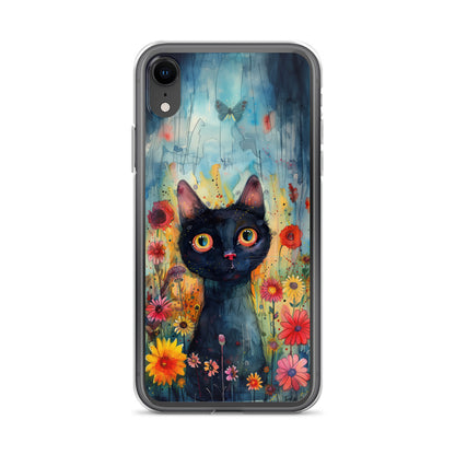 iPhone Case Watercolor Black Cat with Colorful Flowers