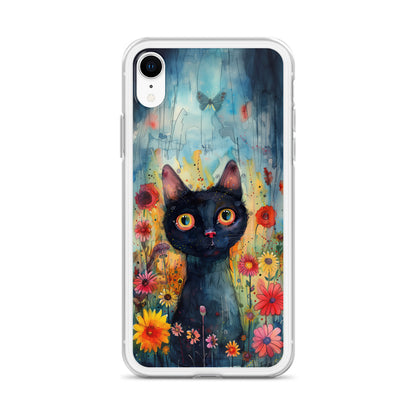 iPhone Case Watercolor Black Cat with Colorful Flowers