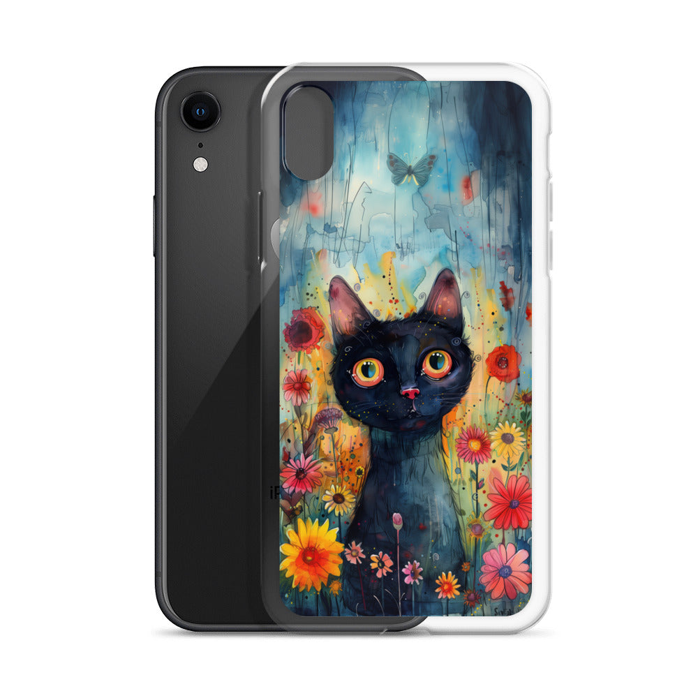 iPhone Case Watercolor Black Cat with Colorful Flowers