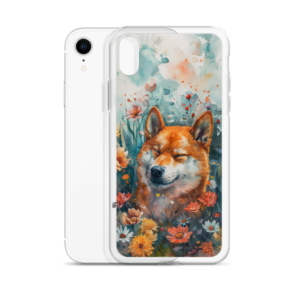 iPhone Case Watercolor Shiba Inu with Colorful Flowers