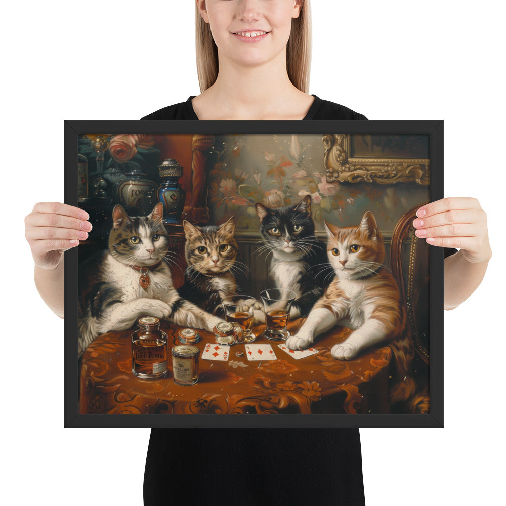 Poker Night with the Kitties – Funny Cat Art Framed Poster for Game Rooms, Living Spaces & Cat Lovers