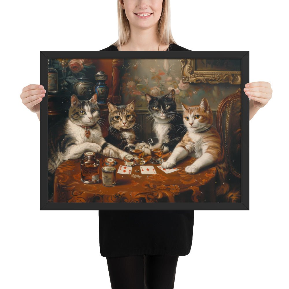 Poker Night with the Kitties – Funny Cat Art Framed Poster for Game Rooms, Living Spaces & Cat Lovers