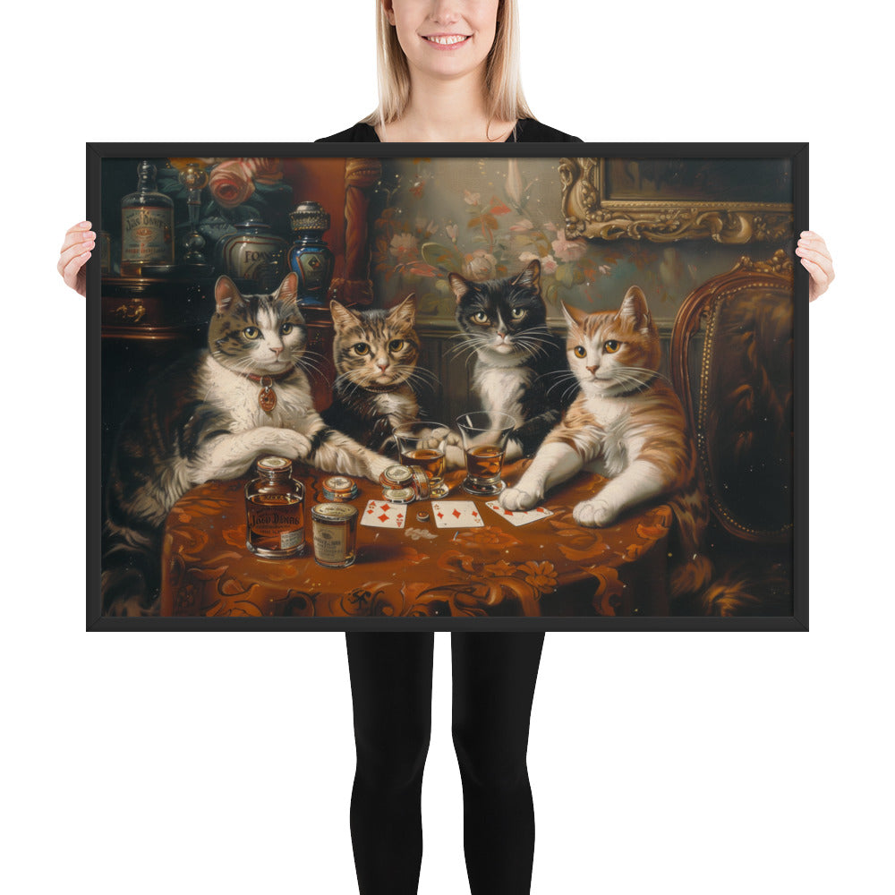 Poker Night with the Kitties – Funny Cat Art Framed Poster for Game Rooms, Living Spaces & Cat Lovers