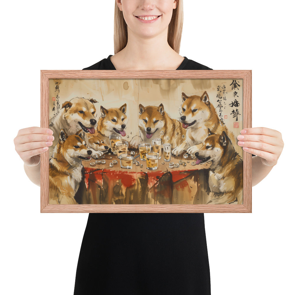 Shiba Inu Gambling Party Framed Poster – 12x18 Red Oak Frame
