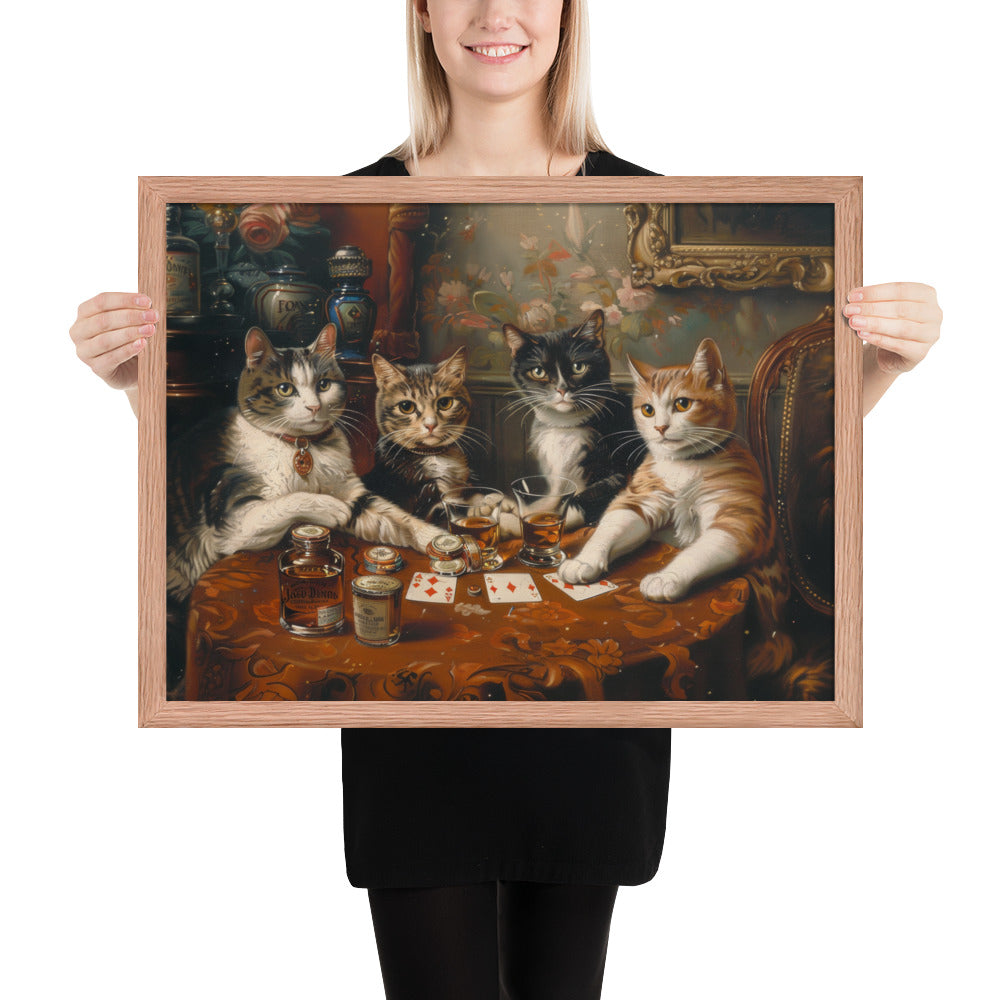 Poker Night with the Kitties – Funny Cat Art Framed Poster for Game Rooms, Living Spaces & Cat Lovers
