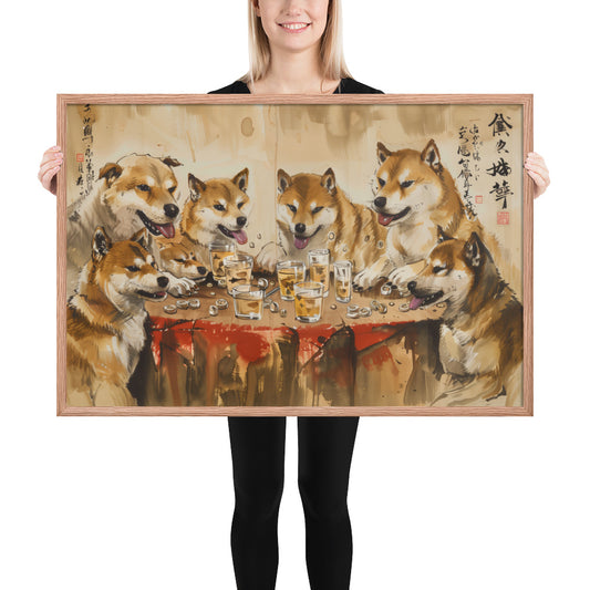 Shiba Inu Gambling Party Framed Poster – 24x36 Red Oak Frame