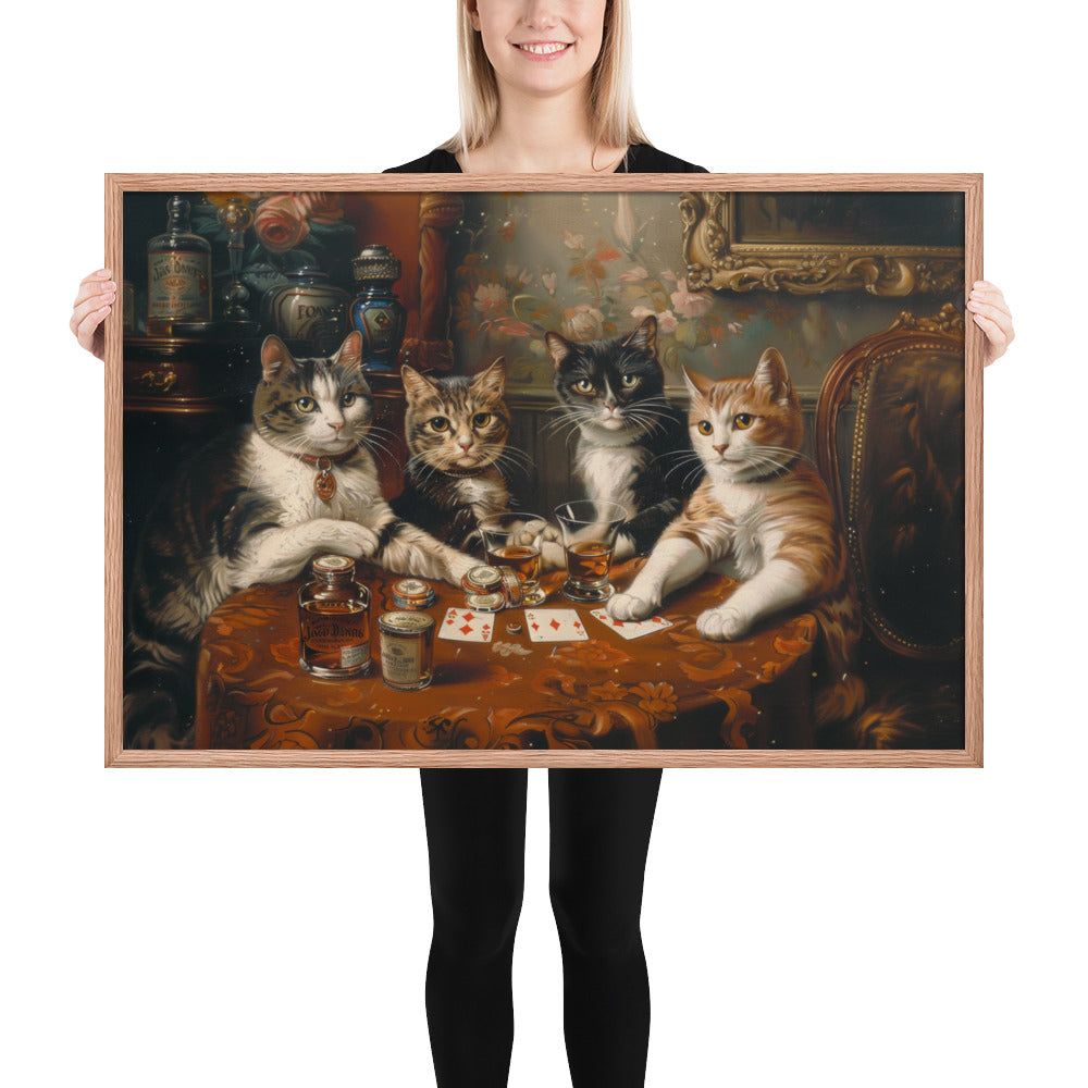 Poker Night with the Kitties – Funny Cat Art Framed Poster for Game Rooms, Living Spaces & Cat Lovers