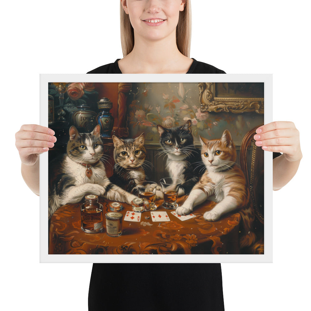 Poker Night with the Kitties – Funny Cat Art Framed Poster for Game Rooms, Living Spaces & Cat Lovers