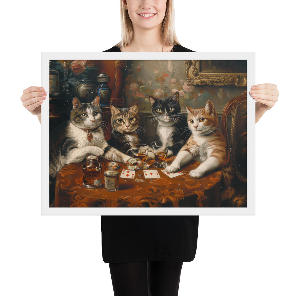 Poker Night with the Kitties – Funny Cat Art Framed Poster for Game Rooms, Living Spaces & Cat Lovers